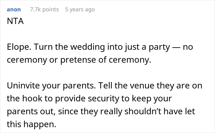 Screenshot of an online comment discussing a couple&rsquo;s wedding sabotage by parents days before the ceremony.