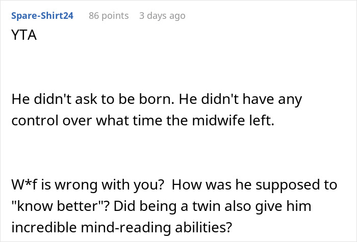 Reddit comment discussing a woman making her brother feel hated after he thanks her for delivering him.