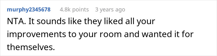 Comment from user murphy2345678 discussing parents moving into daughter's remodeled room and her reaction.