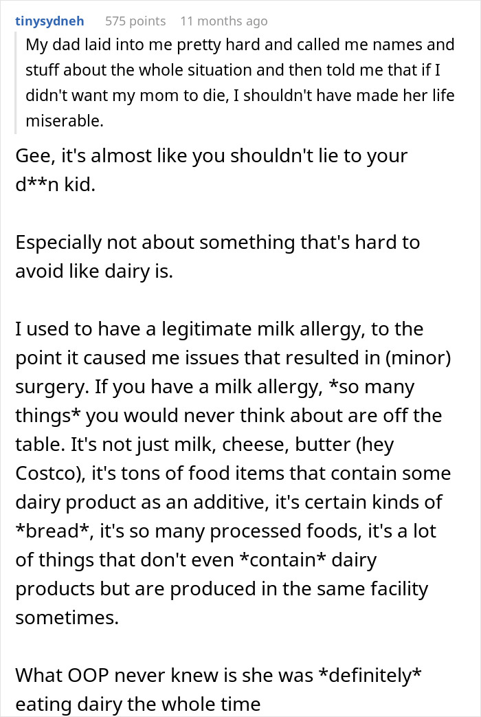 Screenshot of a social media post discussing parents lied about food allergies causing no contact with daughter.