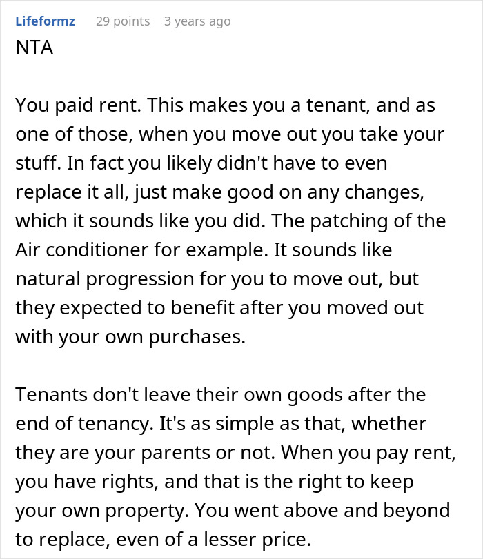 Parents kicking out daughter to move into her remodeled room, and her response to take back her belongings explained.