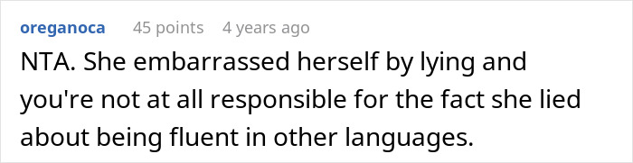 Screenshot of a Reddit comment about a woman embarrassing a new colleague by falsely claiming language fluency.