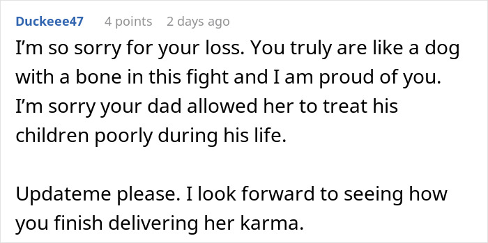 Grieving daughter determined in fight to drive step-monster to financial ruin with relentless resolve and courage.