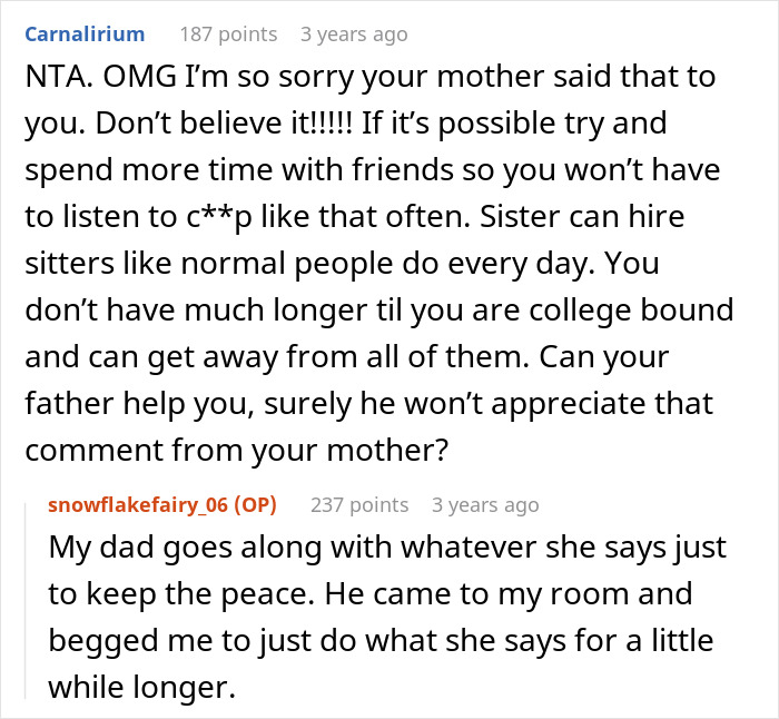 Screenshot of an online discussion about a paralyzed woman refusing to babysit and her mom criticizing her social life.