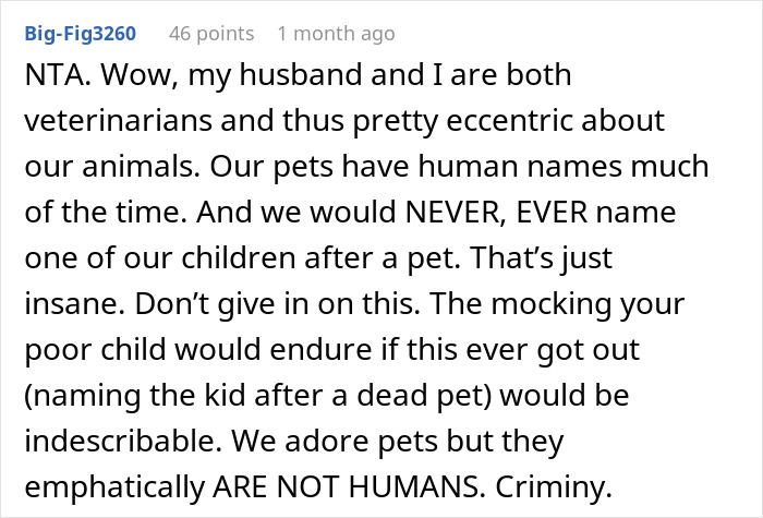Comment about pregnant wife wanting to name baby Lassie after childhood dog, husband feeling weirded out.