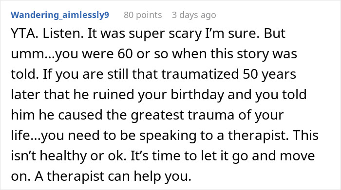 Comment discussing a woman making her brother feel hated after he thanks her for delivering him, suggesting therapy.