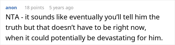 Screenshot of an online comment discussing whether a guy should tell his son the harsh truth about his real parents.