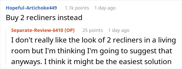 Screenshot of an online discussion about a woman wanting her heavier roommate to pay more than half for a new couch.