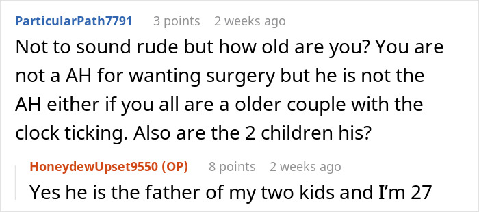 Couple discussing wife's surgery plans after weight loss and husband's reaction to postponing having another child.