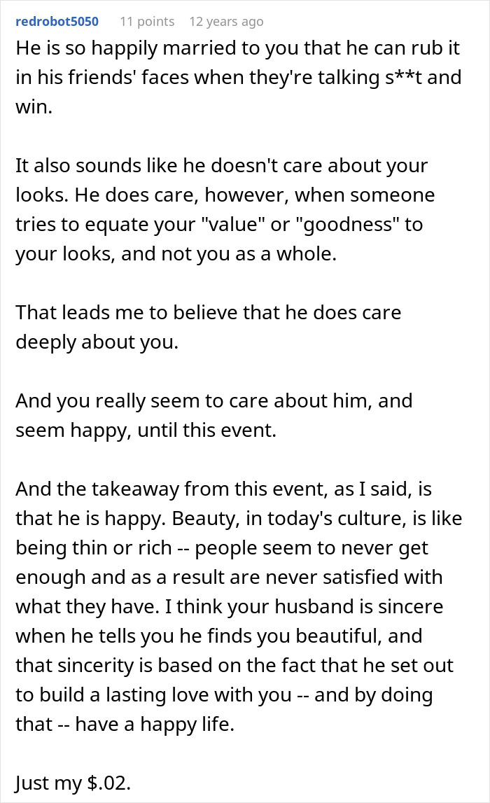 Comment discussing a wife's reaction after hearing husband admit she&rsquo;s ugly and the impact on their marriage.