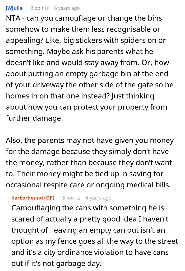 Online forum discussion offering advice on handling neighbors’ disabled son frequently raiding trash bins. Online forum discussion offering advice on handling neighbors’ disabled son frequently raiding trash bins.