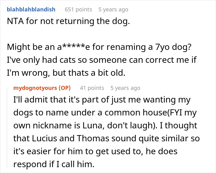 Woman adopts dog and faces harassment from previous owners over name, food, and vet changes in a tense Reddit discussion.