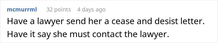 Screenshot of a user comment advising to send a cease and desist letter regarding financial support disputes. Screenshot of a user comment advising to send a cease and desist letter regarding financial support disputes.