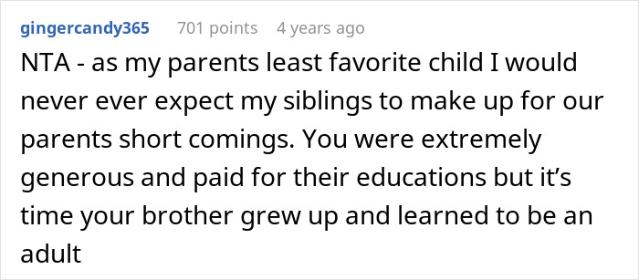 Comment discussing entitlement and trauma related to a 23-year-old demanding allowance from rich golden child sibling.