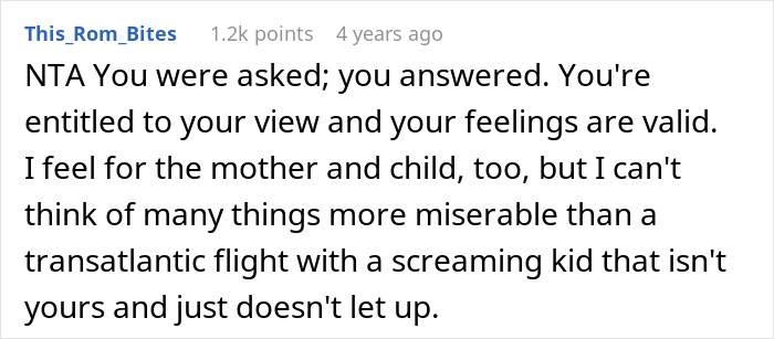 Screenshot of an online comment discussing a passenger confronting a mom after an 8-hour toddler meltdown on a flight.