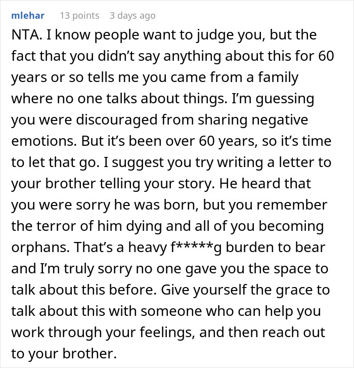 Comment discussing a woman making her brother feel hated after he thanks her for delivering him, with advice on healing.