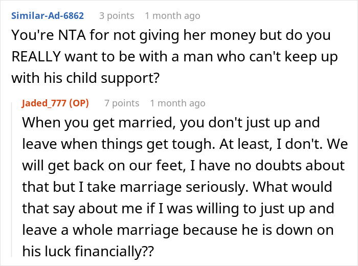Screenshot of a Reddit conversation about using car accident settlement money to buy a new car and related family conflict.