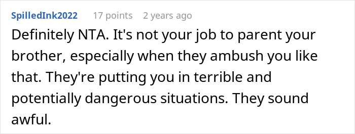 Reddit comment discussing woman setting a boundary about care for her disabled brother after a drop-off incident.