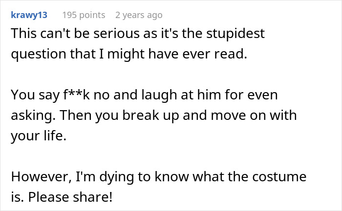 Reddit comment reacting to man with debt asking girlfriend for loan to buy $1.5K Spiderman costume.