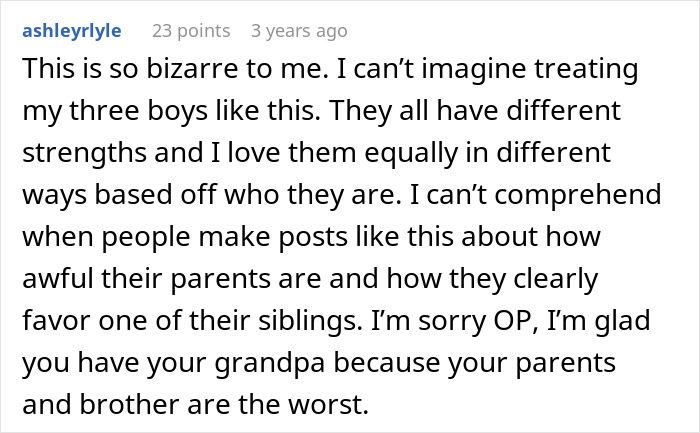 Comment discussing unfair parental treatment and sibling favoritism related to golden child and lost parents money in crypto context.