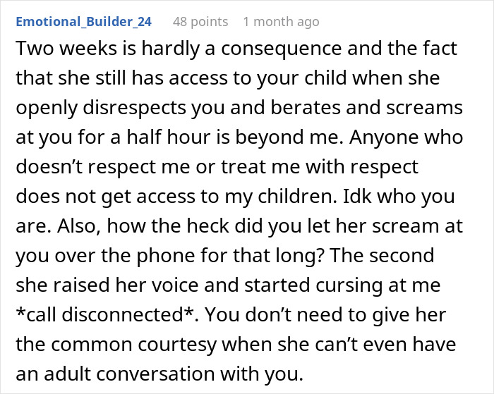 Text comment discussing a new mom confronting her mother-in-law over disrespect and unhinged behavior regarding child access.