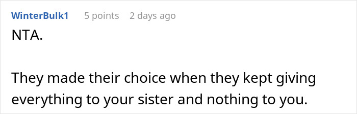 Comment discussing parents spoiling daughter and neglecting son, leading to financial troubles and asking son for help.