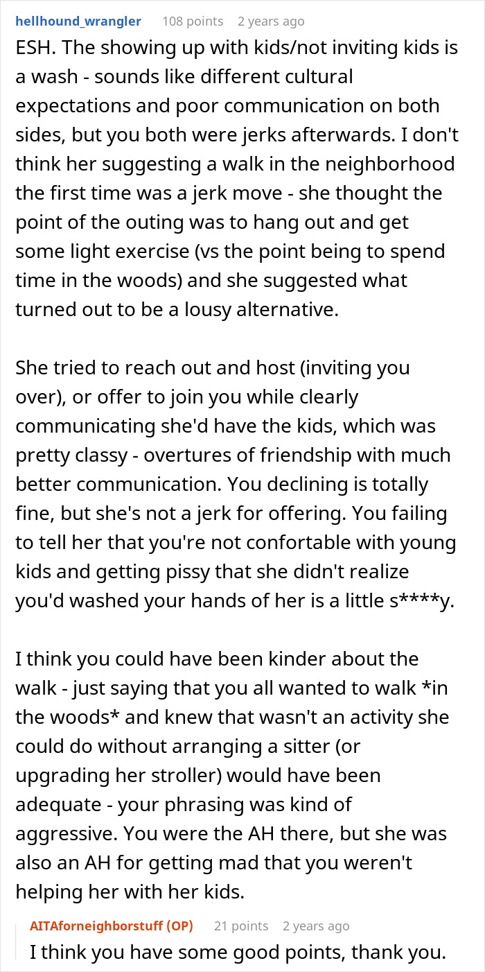 Text conversation about a mom of 4 bringing kids to group activities, causing upset among neighbors and stopped invites.