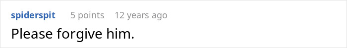 Screenshot of an online comment saying please forgive him in response to a wife hearing husband admit she&rsquo;s ugly.