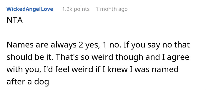 Comment about pregnant wife wanting to name baby after childhood dog Lassie, husband feeling weirded out.