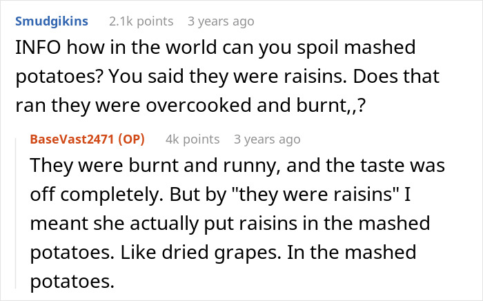 Reddit comments discussing how mashed potatoes were ruined by adding raisins, causing an unpleasant taste and texture.