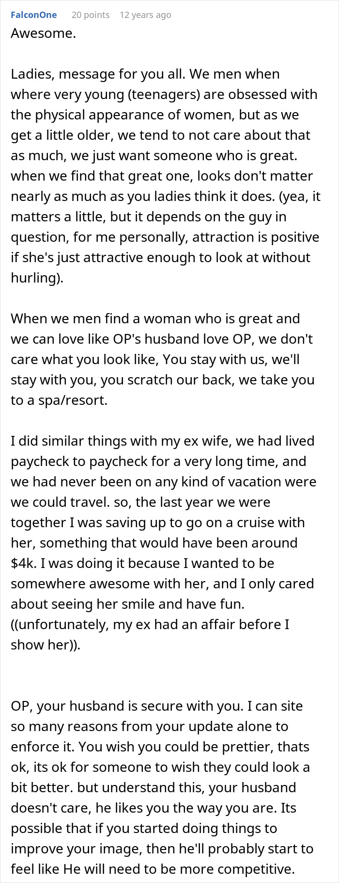 Reddit comment discussing men's views on women's physical appearance and love in relationships.