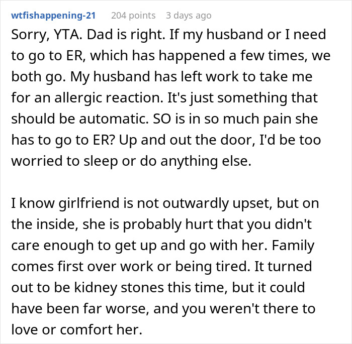 Comment discussing the emotional impact and care involved when refusing visiting girlfriend hospital during an emergency situation.