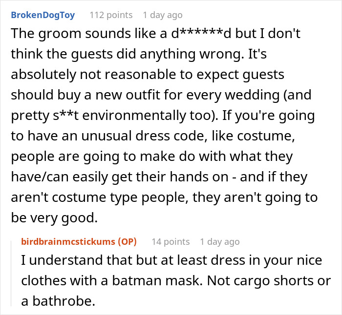 Comments discussing disappointment and anger over a Halloween wedding dress code and guest costumes.