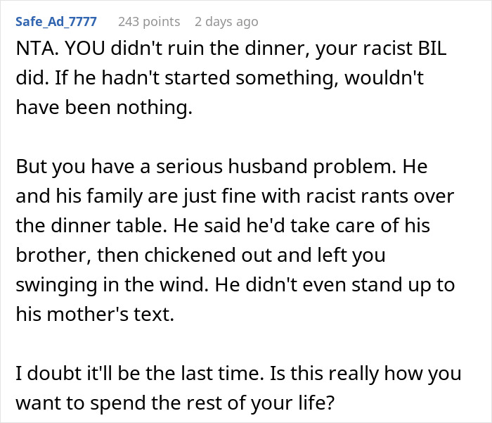 Comment discussing racist slurs made by BIL at dinner and family tensions over handling the situation.