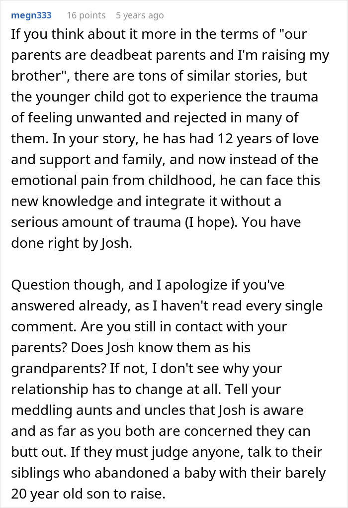 Comment discussing emotional trauma of a son unaware of his real parents and raising him with love and support.