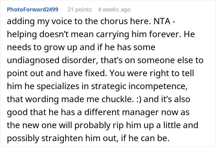 Commenter discussing strategic incompetence and challenges after helping a 23-year-old friend with job and housing support.
