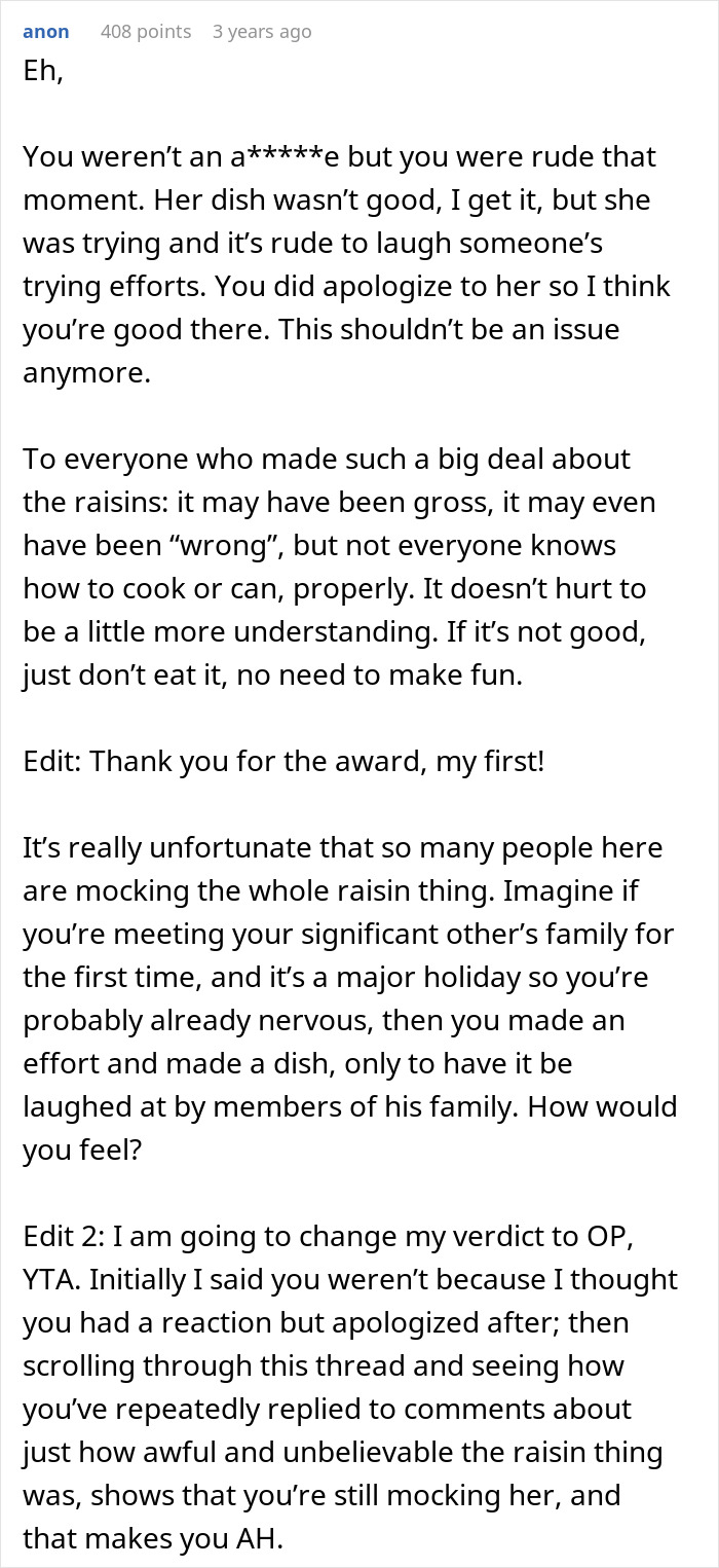 Text from online discussion defending sister&rsquo;s raisin potatoes after man mocks her food and causes girlfriend to cry.