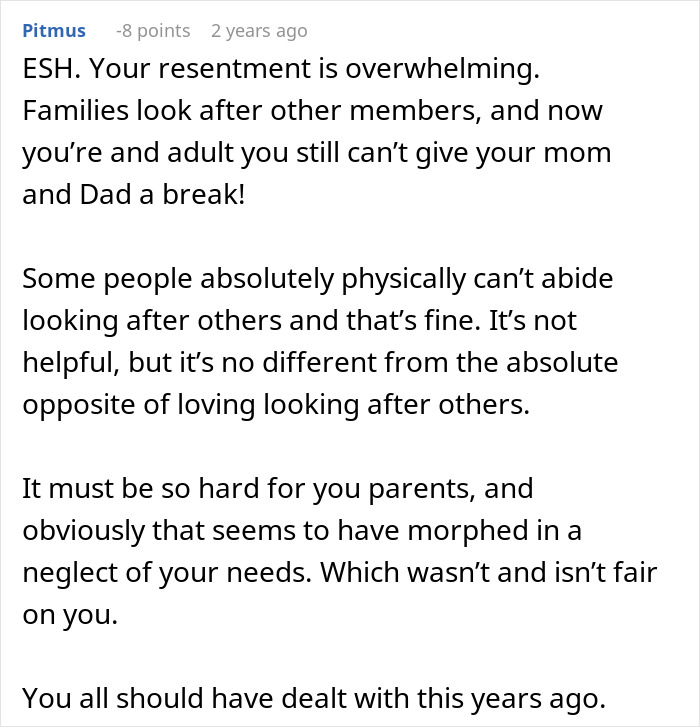 Comment discussing family resentment and challenges in caring for a disabled brother after a boundary was set.