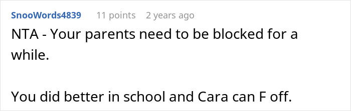 Screenshot of a social media comment discussing family dynamics after a sibling gets into the college of their dreams.