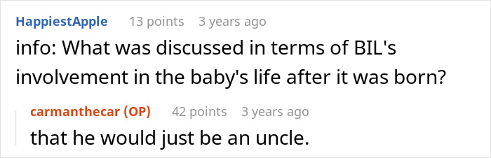 Screenshot of a Reddit conversation discussing a guy helping his sister-in-law conceive using IVF and related family roles.