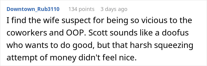 Screenshot of a forum comment discussing coworkers feeling scammed after attending superior&rsquo;s wife&rsquo;s paid show.