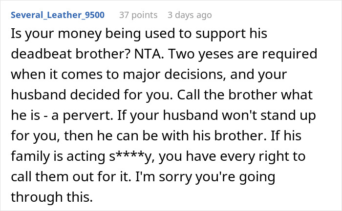 Comment discussing relationship issues after wife removes wedding ring due to family siding with creepy brother-in-law.