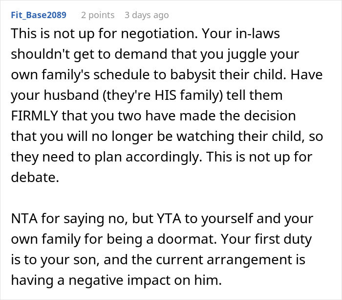 Comment advising daughter-in-law to firmly refuse being cheap babysitter for in-laws and prioritize her own family&rsquo;s needs.