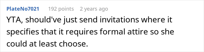 Comment from user PlateNo7021 suggesting formal attire invitations to exclude a friend from an extravagant ball aesthetic.