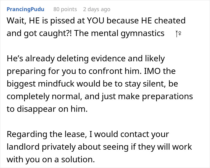 Comment discussing a boyfriend&rsquo;s cheating and advice on handling dating relationships and lease issues.