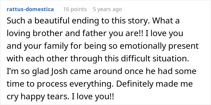 Comment expressing love and emotional support for a loving father and brother in a story about real parents.
