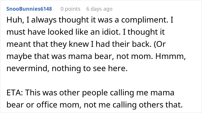 Screenshot of a forum comment discussing a woman accused of making things awkward at work by stopping baking for colleagues over a nickname.
