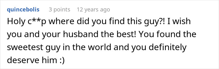 Comment expressing surprise and well wishes for a wife and her husband, highlighting kindness and deserving love.