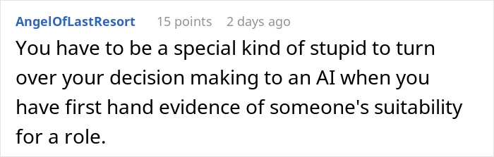User comment discussing concerns about AI scoring job interviews in real time and decision-making risks based on suitability. User comment discussing concerns about AI scoring job interviews in real time and decision-making risks based on suitability.