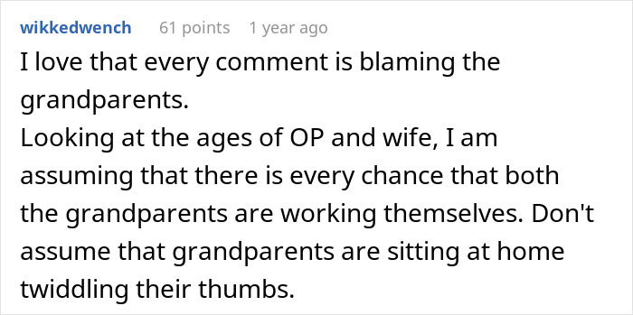 Comment discussing grandparents and assumptions about their work status related to a man snapping at his pregnant bedridden wife.